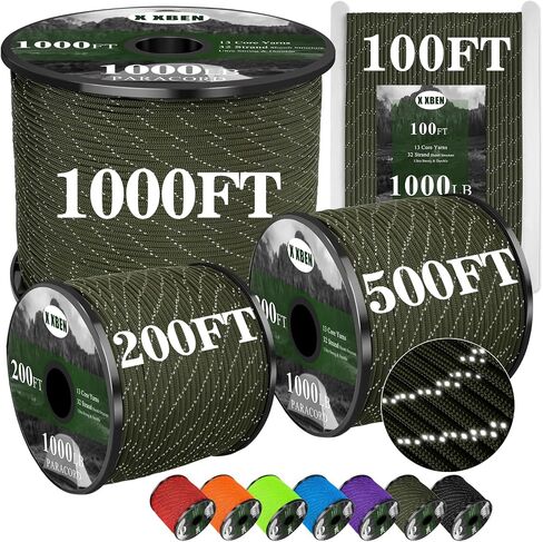 X XBEN Paracord Reflective 1000lb, 50/100/200/500/1000ft 4mm, 13 Strand Paracord Rope, Tactical Parachute Cord for Camping, Fishing, Clothesline, Hammock, Tent & Survival Bracelet, Army Green in Kuwait