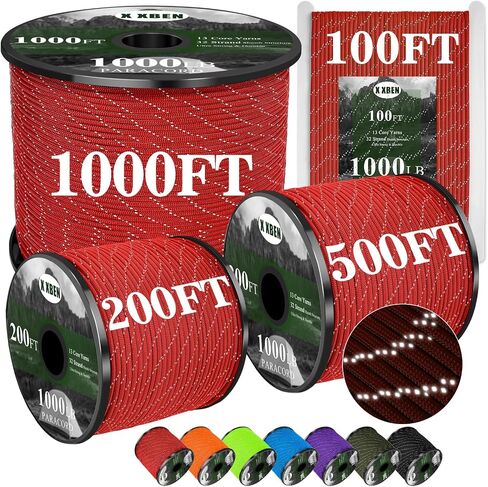 X XBEN Paracord Reflective 1000lb, 50/100/200/500/1000ft 4mm, 13 Strand Paracord Rope, Tactical Parachute Cord for Camping, Fishing, Clothesline, Hammock, Tent & Survival Bracelet, Army Green in Kuwait