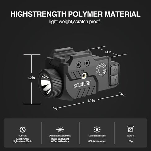 SOLOFISH 600LM مسدس كومبو ليزر مع السكك الحديدية القابلة للتعديل للسكك الحديدية الكاملة والضغوط ، مشهد ليزر أخضر مقاوم للصدمات وضوء السلاح مع وظيفة القوية والذاكرة ، قابلة لإعادة الشحن in Kuwait