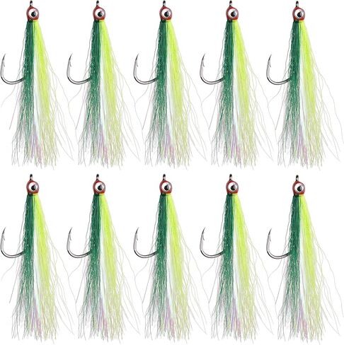 OROOTL Fishing Bucktail Teaser Hooks, 10pcs Saltwater Fishing Jigs Teaser Lures High Carbon Steel Hooks with Crystal Flash Feather Skirt for Flounder Salmon Trout Sea Bass Steelhead in Kuwait