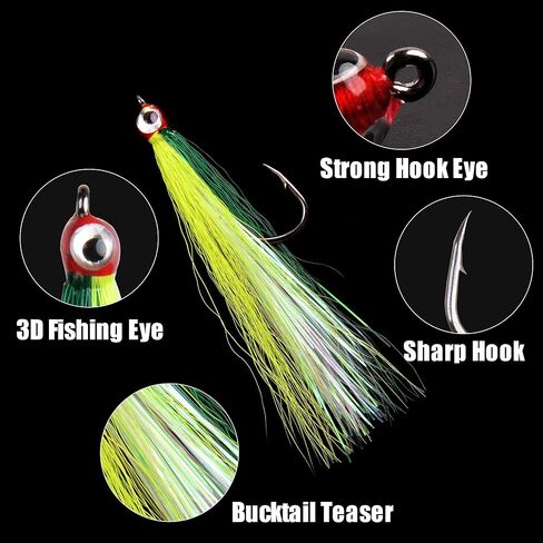 OROOTL Fishing Bucktail Teaser Hooks, 10pcs Saltwater Fishing Jigs Teaser Lures High Carbon Steel Hooks with Crystal Flash Feather Skirt for Flounder Salmon Trout Sea Bass Steelhead in Kuwait