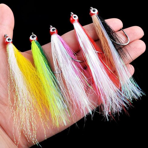 OROOTL Fishing Bucktail Teaser Hooks, 10pcs Saltwater Fishing Jigs Teaser Lures High Carbon Steel Hooks with Crystal Flash Feather Skirt for Flounder Salmon Trout Sea Bass Steelhead in Kuwait