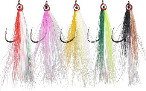 OROOTL Fishing Bucktail Teaser Hooks, 10pcs Saltwater Fishing Jigs Teaser Lures High Carbon Steel Hooks with Crystal Flash Feather Skirt for Flounder Salmon Trout Sea Bass Steelhead in Kuwait