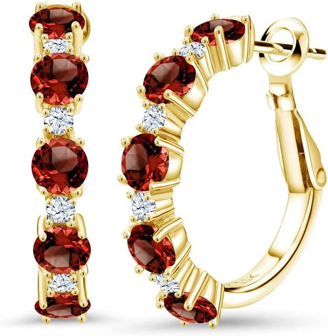 Gem Stone King 18K Yellow Gold Plated Silver Red Created Ruby and White Zirconia Hoop Earrings For Women (2.74 Cttw, Round 4MM and 1.9MM, 1 Inch Diameter) in Saudi Arabia
