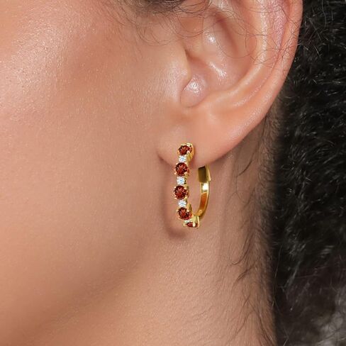 Gem Stone King 18K Yellow Gold Plated Silver Red Created Ruby and White Zirconia Hoop Earrings For Women (2.74 Cttw, Round 4MM and 1.9MM, 1 Inch Diameter) in Saudi Arabia