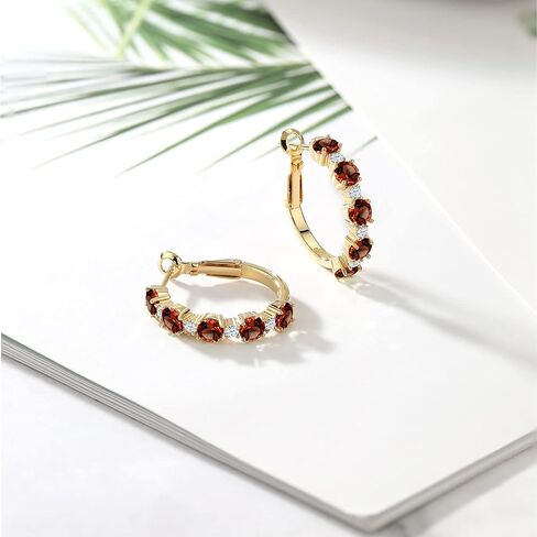 Gem Stone King 18K Yellow Gold Plated Silver Red Created Ruby and White Zirconia Hoop Earrings For Women (2.74 Cttw, Round 4MM and 1.9MM, 1 Inch Diameter) in Saudi Arabia