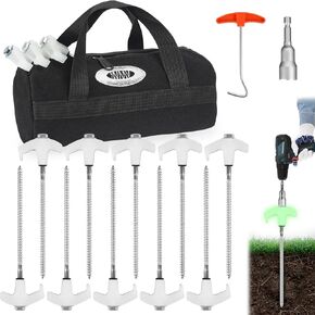 20 Pcs 8" Heavy Duty Drill Tent Stakes with Storage Bag, Glow-in-The-Dark Ground Anchor Peg, Metal Threaded Screw-in Tent Stake for Camping Swing Canopies with 1 Hex Nut Driver, Peg Puller