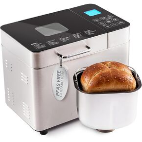 Elite Gourmet EBM8103SS Programmable Bread Maker Machine, 3 Loaf Sizes, 19 Menu Functions Gluten Free White Wheat Rye French and more, 2 Lb, Stainless Steel