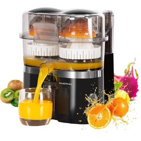 Dual-Head Electric Citrus Juicer, Lemon Squeezer with Power Cord and Cleaning Brush, 1-Button Automatic Juicer Machine for Orange, Lemon, Lime, Easy to Clean & Use, Built-in Cutter(Black)