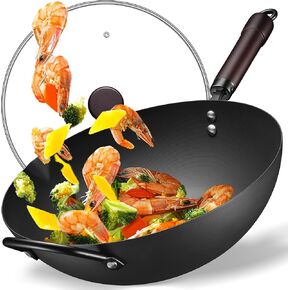 Wok ، 13 بوصة الصلب المقلاة وأحواض الحرك غير اللاصقة ، مقلاة مقلاة صينية مسطحة مسطحة مسطحة.