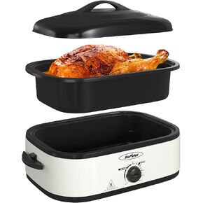 Electric Roaster Oven with Self-Basting Lid, Turkey Roaster Oven with Removable Pan and Rack, Stainless Steel, White, 14QT