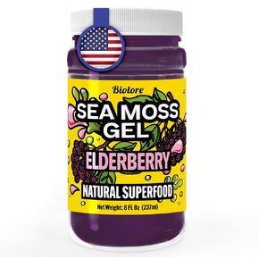 Biolore Sea Moss Gel Elderberry Made in USA Raw Wildcrafted Irish Seamoss Essential Vitamins Trace Minerals Vegan Superfood, Jam, Jelly & Sweet Spread Gifts (Elderberry 8OZ)