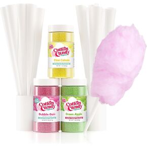 Cotton Candy Express Floss Sugar plus Cones with 3 - 11oz Plastic Jars of Bubble Gum, Green Apple & Pina Colada Flossing Sugars. 50 Paper Cones Included. Use with Cotton Candy Express Machine