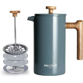 POLIVIAR French Press Coffee Maker, 34 Ounce Coffee Press with Real Wood Handle, Double Wall Insulation & Dual-Filter Screen, Food Grade Stainless Steel for Good Coffee and Tea (Lava) in Kuwait