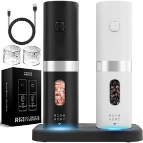 Home Hero Electric Salt and Pepper Grinder Set - Automatic Salt and Pepper Grinder Set Rechargeable. Electronic Salt and Pepper Shakers with LED Light, Electric Pepper Grinder & Salt Grinder, Set of 2