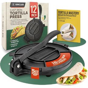 SIRCLES Tortilla Press 12 Inch Cast Iron - Extra Large, Heavy Duty 12 Inch Tortilla Press - Ebook Tortilla recipes - 5 Non-Slip Rubber Feet - Pre-Seasoned - Prensa Para Tortillas De 12 Pulgadas Grande