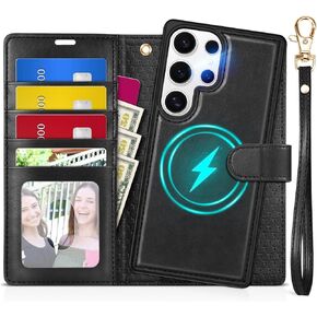 TUCCH Wallet Case for Galaxy S25 Ultra, Removable RFID Blocking [4 Card Slots] Wrist Strap Wireless Charging Kickstand PU Leather Magnetic Detachable Protective Cover for Galaxy S25 Ultra 6.9", Black