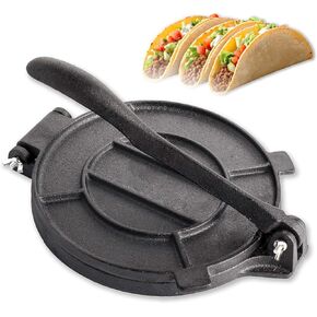 Cast Iron Tortilla Press, Heavy Duty Tortilla Pataconera, 10-inch Flour Tortilla Press with Foldable Handle, Taco press with Some Parchment Paper, Roti Maker, Black
