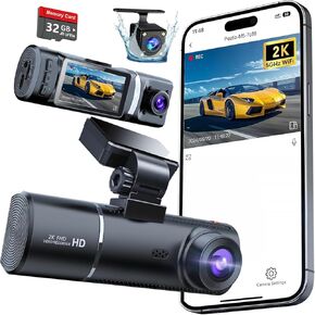 3 Channel 5GHz WiFi FHD Dash Cam, 2K+1080P+1080P Dash Cam Front and Rear/Inside for Cars with Night Vision, 24 Hours Parking Mode, WDR, Loop Recording, G-Sensor, APP, Support 256GB Max
