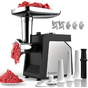Electric Meat Grinder with Handle, 2600W Max Meat Grinder for Home Kitchen Use, Stainless Steel Heavy Duty Meat Mincer Machine with 2 Blades, 3 Plates, Sausage Stuffer Tubes & Kubbe Kit, Nefaracy