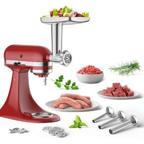 Stainless Steel Meat Grinder Attachment for KitchenAid Stand Mixer, Food Grinder attachment with 4 Grinding Plates, 3 Sausage Stuffer Tubes, 2 Grinding Blades, Mixers Accessories for Kitchen Aid