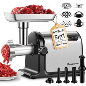 AAOBOSI #10 Meat Grinder Electric [3000W] Heavy Duty Stainless Steel Meat Mincer with 3 Grinding Plates, 3 Sausage Stuffer Tubes & Kubbe Attachments,Easy One-Button Control