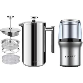 Secura Electric Coffee Grinder and Spice Grinder with 2 Removable Bowls And French Press Coffee Maker, 304 Grade Stainless Steel Insulated Coffee Press 50 Oz.