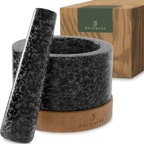 Waldwerk Mortar and Pestle - مدافع الهاون والمدقة مع قاعدة خشبية من خشب البلوط المضادة للخلع - هاون مع مدافع كبيرة جدًا مصنوعة من الجرانيت الطبيعي - هاون ومدقة كبيرة - مثالية لجواكامول
