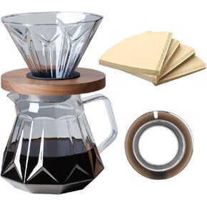 Pour Over Coffee Maker Set, 21 oz/620ml Glass Pour Over Coffee Dripper Filter Coffee Maker Kit Manual Grinder with Walnut Handle for Home Office Cafe Restaurant Camping (Grey)