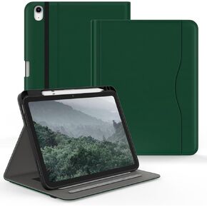 Case for iPad 10th Generation 2022 10.9 inch, PU Leather 10.9" Cover with Pencil Holder/Multi-Angle Stand/Pocket/Hand Strap, Folio Auto Wake/Sleep, Deep Green