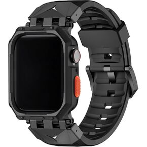 Fullmosa Bands for Apple Watch 44mm 45mm, Rugged TPU iWatch Band with Bumper Case for Men, Compatible with Apple Watch Series 9/8/7/6/5/4/SE 2nd Generation/SE (44mm 45mm, Black+Silver)