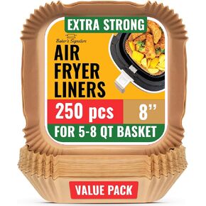250 PCS بطانات مقلاة الهواء ، وبطانات ورق Airfryer التي يمكن التخلص منها-غير مصقفة للزيوت وإثبات الزيوت لسهولة التنظيف ، رائعة للفرن ، والمقالي والخبز-8 "مربعة لسلة 5-8 QT بواسطة Baker's Signature