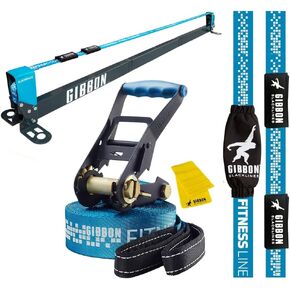 GIBBON Ultimate Fitness SlackLining Kit -Outdoor & Indoor SlackLine Balance Trainer w/ 49ft SlackLine Set for Kids & Adults -Ratchet Strap & Reinforced Loop -Adjustable SlackRack & Fitness Accessories