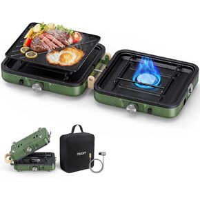 2-Burner Foldable Camping Stove with Griddle (Textured & Smooth) and Carrying Bag, Portable Propane Camp Stove with 2 Adjustable Burners & Piezo Ignition, for Camping Tailgating Essentials Gear