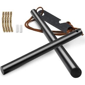 Fire Starter Survival Tool, Ferro Rod Kit with Leather Neck Lanyard and Multi-Tool Striker, Flint and Steel Survival Igniter with Tinder Rope and Tab for Camping, Hiking and Emergency