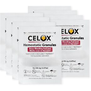 Celox’s Granular Hemostat First Aid Blood Clotting Powder for Wound Care, Camping Safety, and Quick Clot Solution for Moderate to Severe Bleeding, Aid to Stop Bleeding Products 2 Count ILIOS Packaged