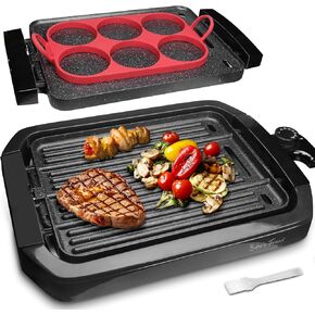 Baker’s Friend Indoor Griddle & Grill, Electric Griddle with 2 in 1 Indoor Grill and Griddle Plate Indoor Grill with Removable Plate, Silicone Mold, Dishwasher Safe, Recipes Include, Graphite