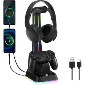 PS4 Controller Charger Dock with RGB Headphone Stand, PS4 Controller Charging Station with 2 USB Ports, Headphone and Controller Stand for Playstation 4 Controller Charger Dock Station, Black