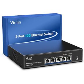 5-Port 10G Ethernet Switch Unmanaged, VIMIN 10Gbe Network Switch with Base-T RJ45 Ports Support 100M/1000M/2.5G/5G/10G Speed Auto-Negotiation, for 10G NAS Network,PC,10G NIC, WiFi7 Router,Plug & Play