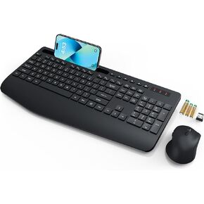 Wireless Keyboard and Mouse, Wrist Rest, Phone Holder, Batteries Included, 2.4G Lag-Free Ergonomic Keyboards Mouse Combo, Silent Keyboard Cordless Set for Computer, Laptop, PC, Mac, Windows -SABLUTE