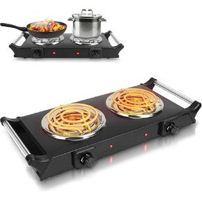 Hot Plate, 2000W Portable Electric Double Burner W/5 Level Temperature Control & Stay Cool Handles, Easy to Clean, Lightweight Cast Iron Electric Stove for Kitchen Camping Cooking, 110V