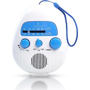 AM/FM Shower Radio, Portable Waterproof Radio Built in Speaker with Rope, Volume Adjustable Bathroom Radios for Kitchen/Bathroom/Outdoor/Indoor