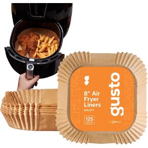 GUSTO [125 Count] 8 Inch Square Air Fryer Liners Disposable - Non-Stick Parchment Paper Liners, Waterproof, Oil-Resistant - Kraft (Formerly Comfy Package)