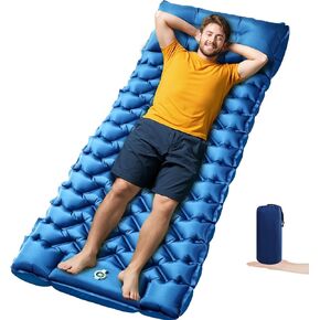 Camping Sleeping Pad, 4in Thick Ultralight Inflatable Camping Mat with Pillow, Built-in Foot Pump Sleeping Mat, Wide Compact Camping Pad for Travel Tent Hiking Backpacking Trip Car Camp Gear