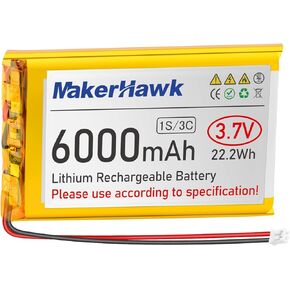 MakerHawk 3.7V 6000mAh LiPo Battery Rechargeable 1S 3C Lithium Polymer Battery with Protection Board Insulated Rubber Tape, PH2.0 Plug for Arduino ESP32 Board RPI Battery Pack UPS (2 Pack)