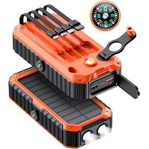 QiSa Solar Charger Power Bank 40000mAh Built in 4 Cables and Hand Crank, Portable Charger 22.5W Fast Charger 6 Outputs & 4 Inputs External Battery Pack with Bright Flashlight and Compass