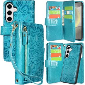 Harryshell Compatible with Samsung Galaxy S25+ Plus Wallet Detachable Magnetic Phone Case Wireless Charging [Theft-Scan Blocking] Card Slots, Cash Zipper Pocket Wrist Strap 6.7 inch (Floral Teal)