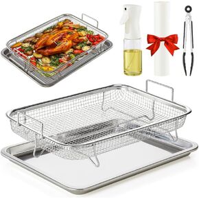 Air Fryer Basket for Oven, Stainless Steel Oven Air Fryer Basket and Tray for Baking Grilling,Air Fryer Pan Rack for Cooking Baking Dishwasher and Broiling (14.9inx11in)