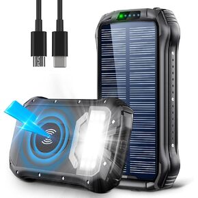 Solar Charger, 10000mAh Solar Phone Charger, Titita Waterproof/Shockproof/Dustproof Solar Power Bank Dual USB Battery Bank with 2 LED Light Carabiner for Emergency Travelling Camping, iPhone, Android