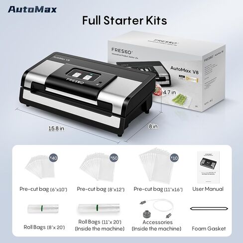 Sealer Automatic Automatic Cloyer ، 95KPa آلة سدادات فراغ الطعام القوية ، الكشف التلقائي الجاف | قاطع حقيبة | 2 أكياس لفات و 100 PCS أكياس قبل | عملية سهلة ، الفضة - أسود in Kuwait